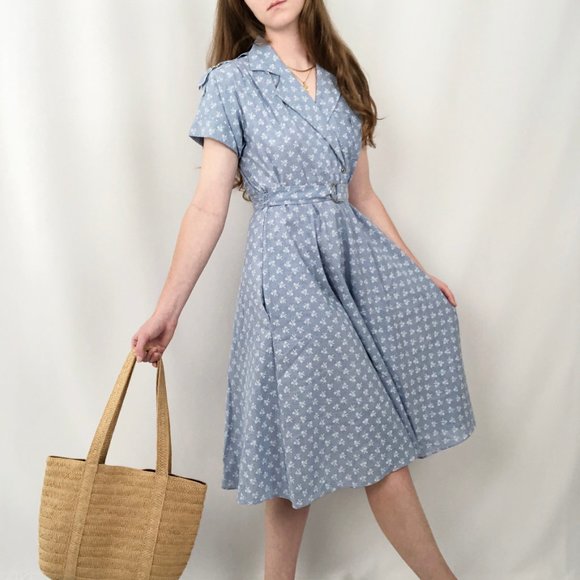 Vintage Mid Century Modern Floral Belted Secretary Midi Dress Collared Preppy - Picture 6 of 9